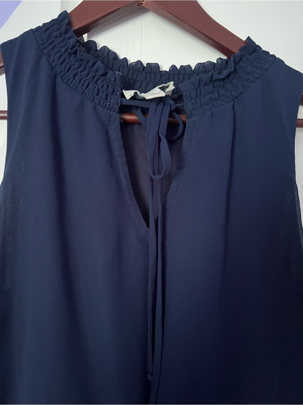 Sleeveless Navy Maxi Dress with Ruffle Hem and Tie Neck - Picture 2 of 3